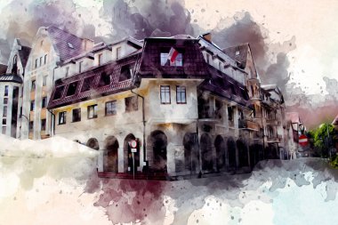 Kolobrzeg eski şehir, belediye binası, poland resim çizimi