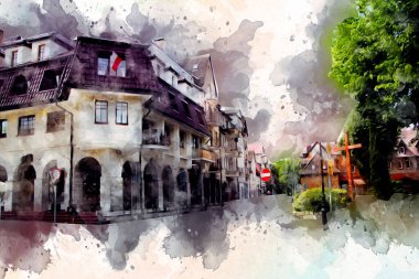 Kolobrzeg eski şehir, belediye binası, poland resim çizimi