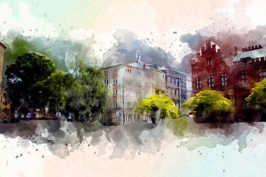 Kolobrzeg eski şehir, belediye binası, poland resim çizimi