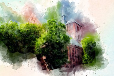 Kolobrzeg eski şehir, belediye binası, poland resim çizimi