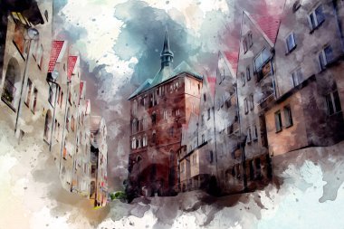 Kolobrzeg eski şehir, belediye binası, poland resim çizimi