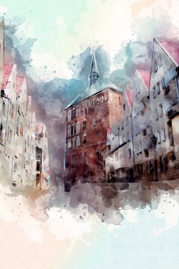 Kolobrzeg eski şehir, belediye binası, poland resim çizimi