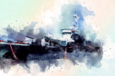 Savaş gemisi deniz illüstrasyonu antika sanat eseri çizimi