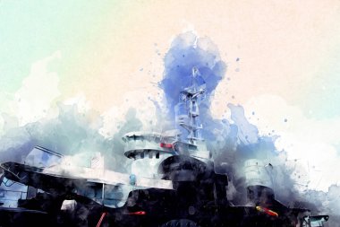 Savaş gemisi deniz illüstrasyonu antika sanat eseri çizimi