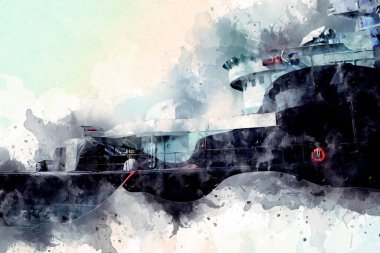 Savaş gemisi deniz illüstrasyonu antika sanat eseri çizimi