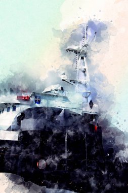 Savaş gemisi deniz illüstrasyonu antika sanat eseri çizimi