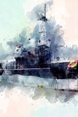 Savaş gemisi deniz illüstrasyonu antika sanat eseri çizimi