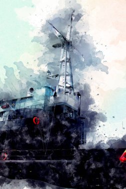 Savaş gemisi deniz illüstrasyonu antika sanat eseri çizimi