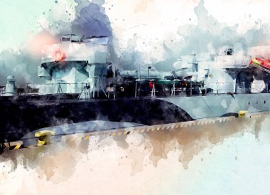 Savaş gemisi deniz illüstrasyonu antika sanat eseri çizimi