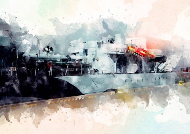 Savaş gemisi deniz illüstrasyonu antika sanat eseri çizimi