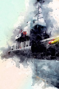 Savaş gemisi deniz illüstrasyonu antika sanat eseri çizimi