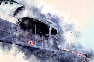 Savaş gemisi deniz illüstrasyonu antika sanat eseri çizimi