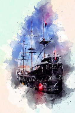 Deniz illüstrasyonunda yelken açan korsan gemisi klasik eskiz çiziyor.