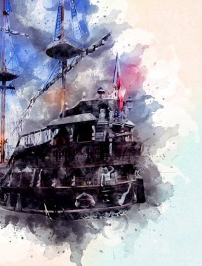 Deniz illüstrasyonunda yelken açan korsan gemisi klasik eskiz çiziyor.