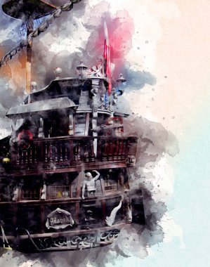 Deniz illüstrasyonunda yelken açan korsan gemisi klasik eskiz çiziyor.