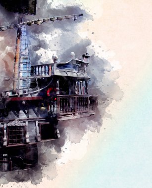 Deniz illüstrasyonunda yelken açan korsan gemisi klasik eskiz çiziyor.