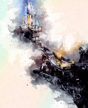 Deniz illüstrasyonunda yelken açan korsan gemisi klasik eskiz çiziyor.