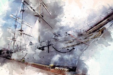 Antika tekne deniz motifi el yapımı sanat eseri çizimi