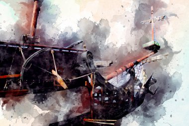 Antika tekne deniz motifi el yapımı sanat eseri çizimi