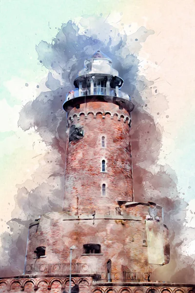 El çizimi suluboya deniz feneri illüstrasyon sanat klasiği çizimi