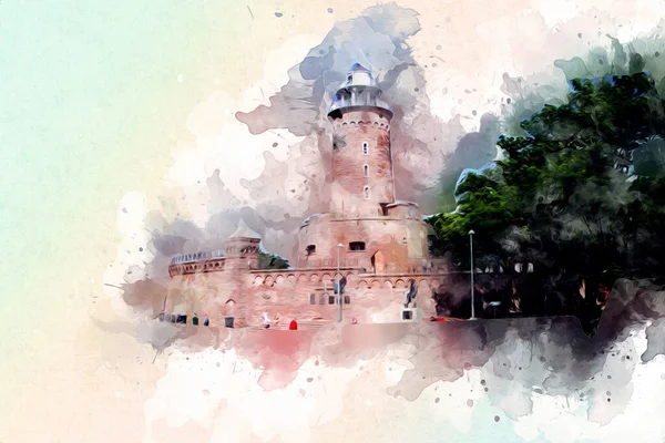 El çizimi suluboya deniz feneri illüstrasyon sanat klasiği çizimi