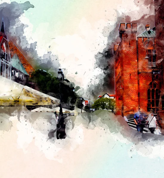 Kolobrzeg eski şehir, belediye binası, poland resim çizimi