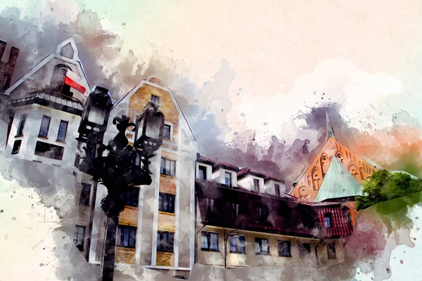 Kolobrzeg Óváros Városháza Lengyel Művészet Illusztráció Rajz Vázlat — Stock Fotó