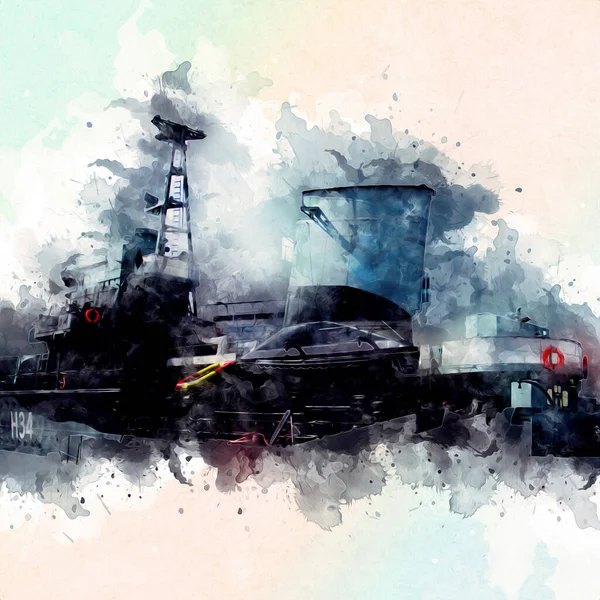 Savaş gemisi deniz illüstrasyonu antika sanat eseri çizimi