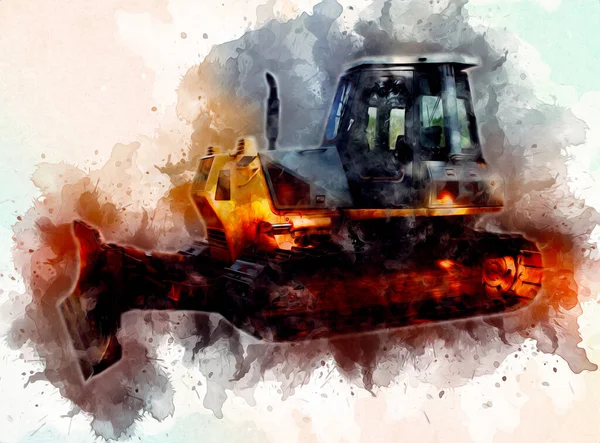 Bulldozer Illustrazione Colore Arte Grunge Disegno Vintage — Foto Stock