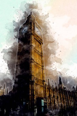 Londra 'nın büyük Ben sanat eseri çizimi, çizim, eğlenceli tasarım, antika retro