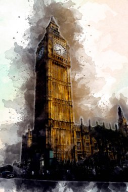 Londra 'nın büyük Ben sanat eseri çizimi, çizim, eğlenceli tasarım, antika retro