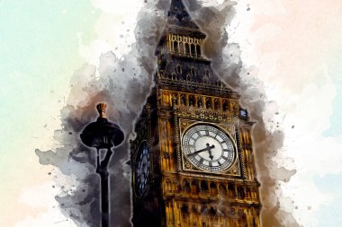 Londra 'nın büyük Ben sanat eseri çizimi, çizim, eğlenceli tasarım, antika retro