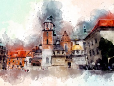 Eski şehir Krakow sanat illüstrasyonları antika