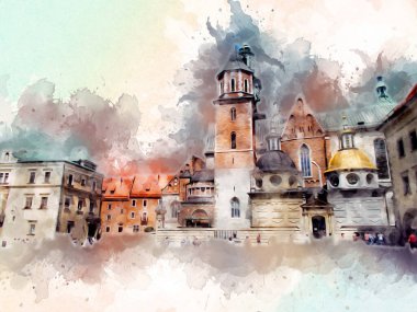 Eski şehir Krakow sanat illüstrasyonları antika