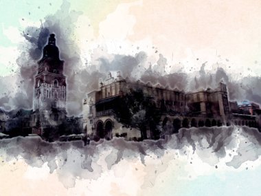 Eski şehir Krakow sanat illüstrasyonları antika