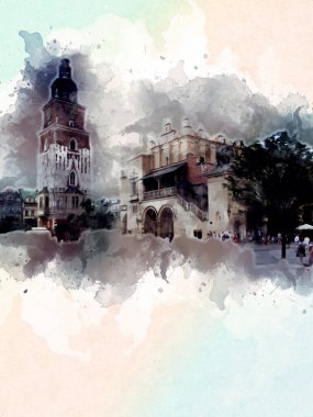 Eski şehir Krakow sanat illüstrasyonları antika