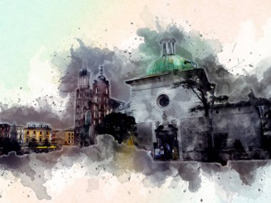 Eski şehir Krakow sanat illüstrasyonları antika