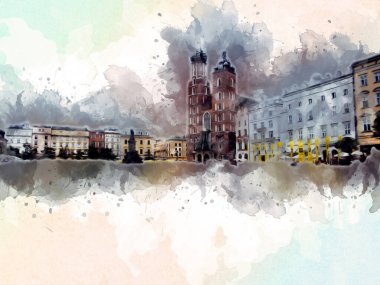 Eski şehir Krakow sanat illüstrasyonları antika