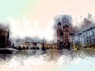 Eski şehir Krakow sanat illüstrasyonları antika