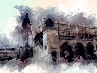 Eski şehir Krakow sanat illüstrasyonları antika