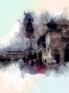 Eski şehir Krakow sanat illüstrasyonları antika