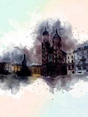 Eski şehir Krakow sanat illüstrasyonları antika