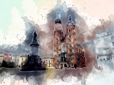 Eski şehir Krakow sanat illüstrasyonları antika