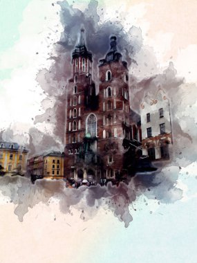 Eski şehir Krakow sanat illüstrasyonları antika