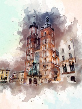 Eski şehir Krakow sanat illüstrasyonları antika