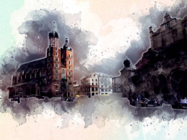 Eski şehir Krakow sanat illüstrasyonları antika