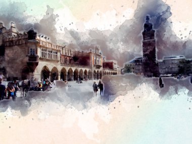 Eski şehir Krakow sanat illüstrasyonları antika