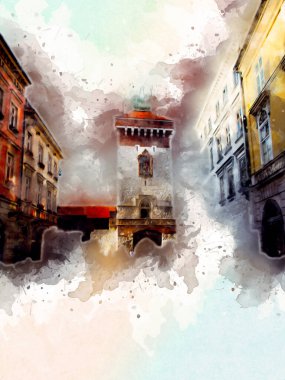 Eski şehir Krakow sanat illüstrasyonları antika