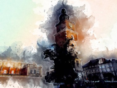 Eski şehir Krakow sanat illüstrasyonları antika