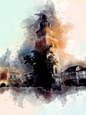 Eski şehir Krakow sanat illüstrasyonları antika